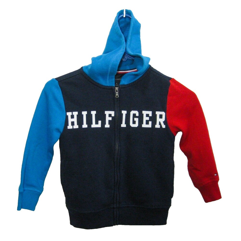 Tommy Hilfiger Hoodie Boys Size 4 Blue Red Full Zip Logo Hooded Sweatshirt
